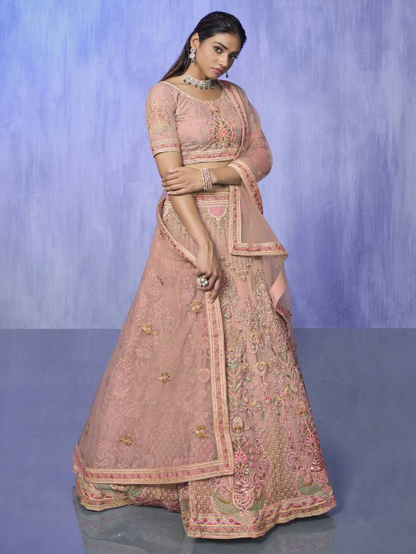 Pastel Peach Heavy Embroidered Net Lehenga Choli