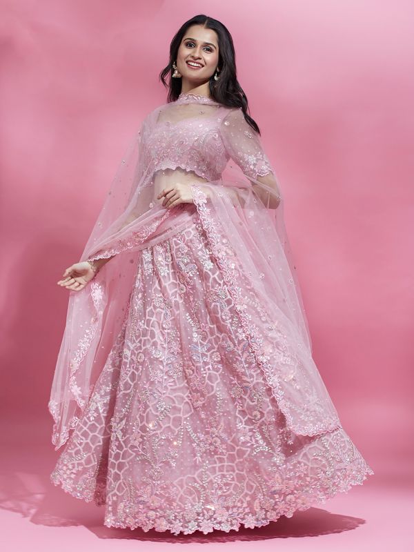 Pink Bridesmaid Lehenga Choli In Cutwork Design