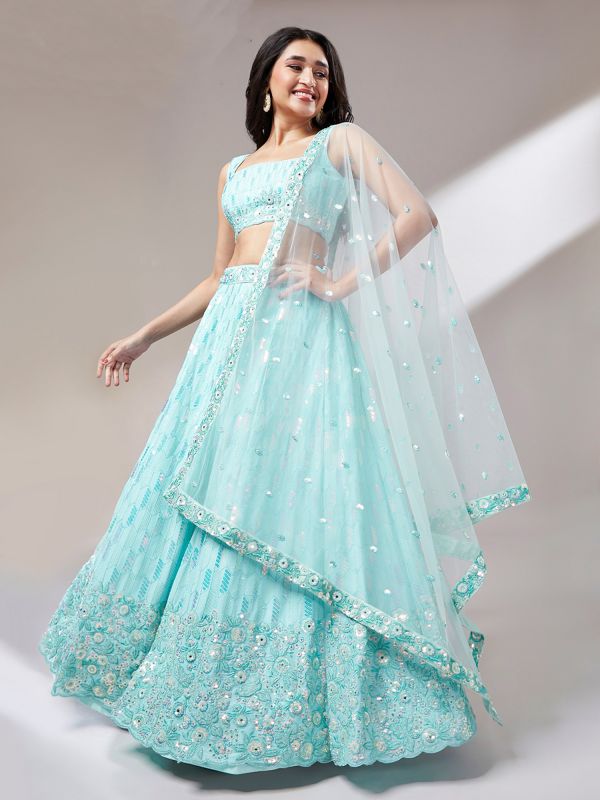 Blue Cutwork Embroidered Net lehenga With Blouse
