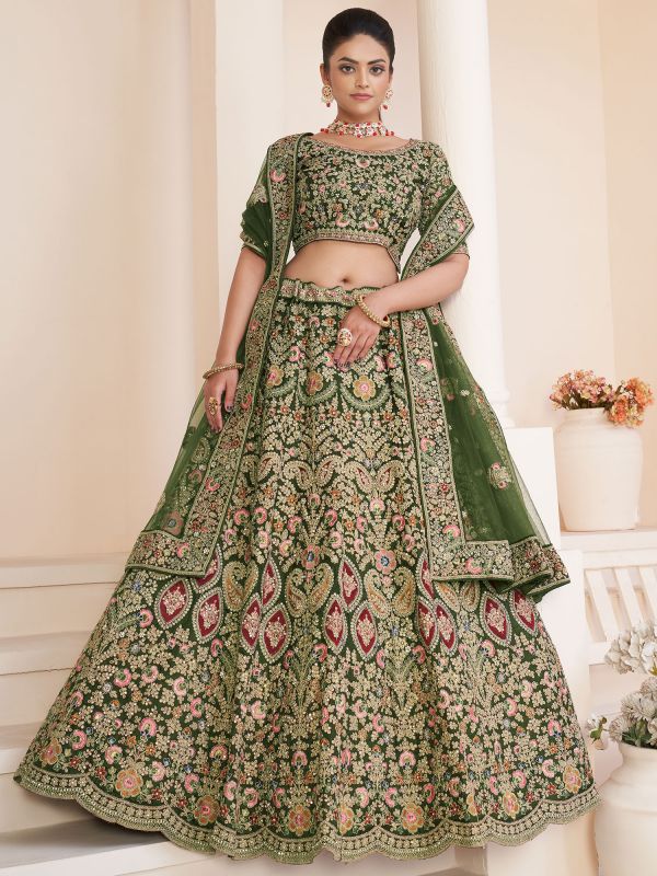 Green Wedding Net Lehenga Choli In Zari Embroidery