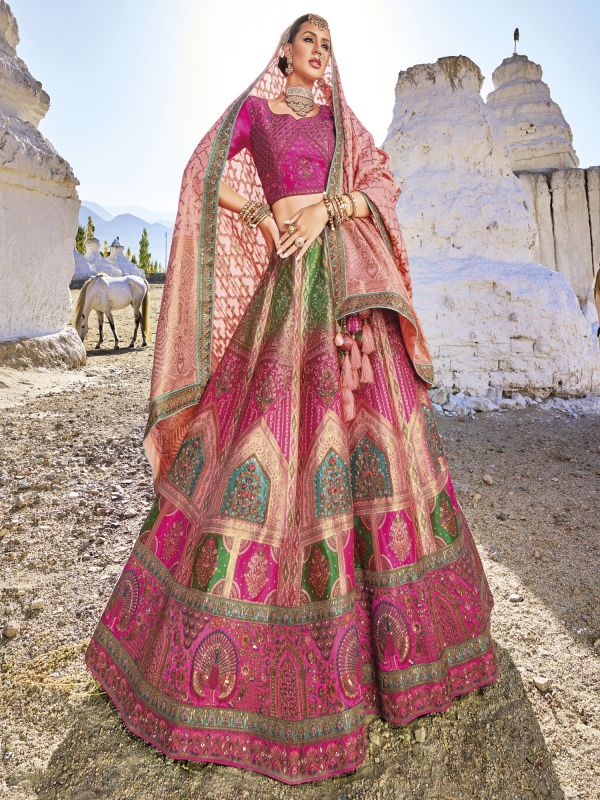 Pink Thread Embroidered Banarasi Silk Lehenga Choli