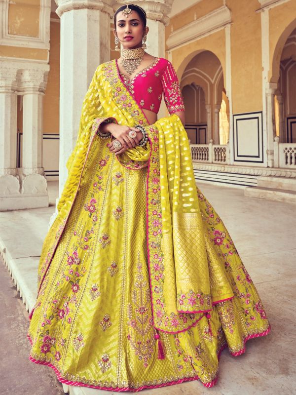 Lemon Yellow Banarasi Silk Lehenga Choli In Zari Weaving
