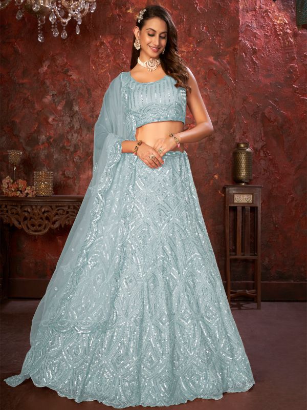 Blue Party Sequin Embroidered Net Lehenga With Choli