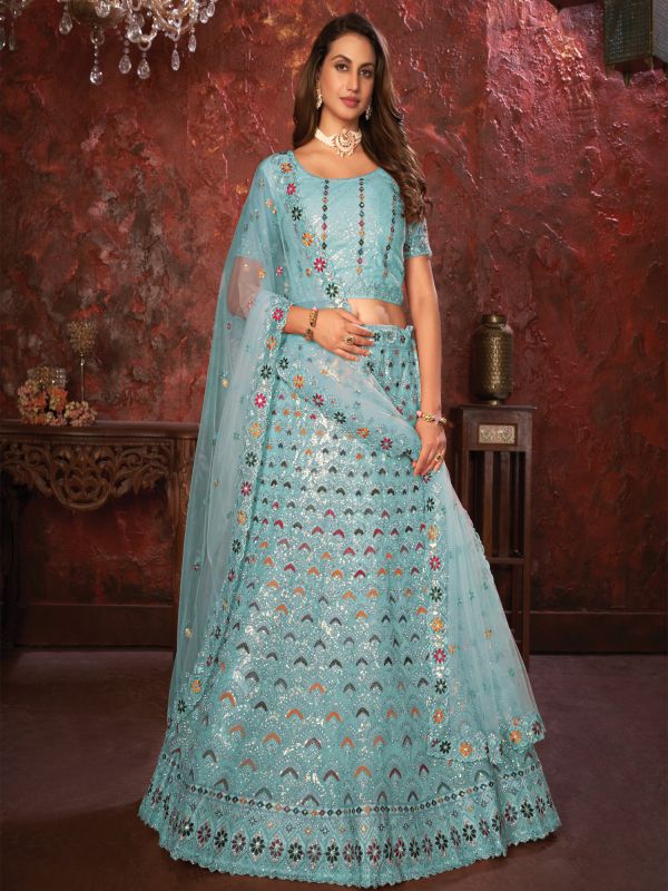 Blue Net Lehenga Choli In Sequin Embellishment