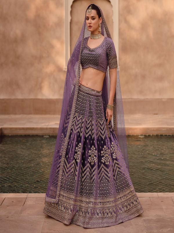 Purple Wedding Velvet Lehenga Choli In Sequin Work