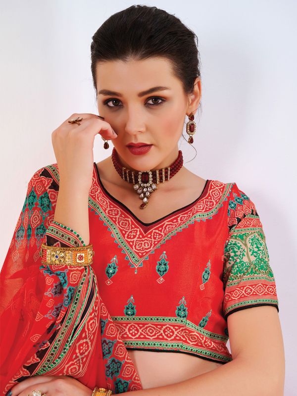 Red Festive Wear Silk Lehanga Choli In Print