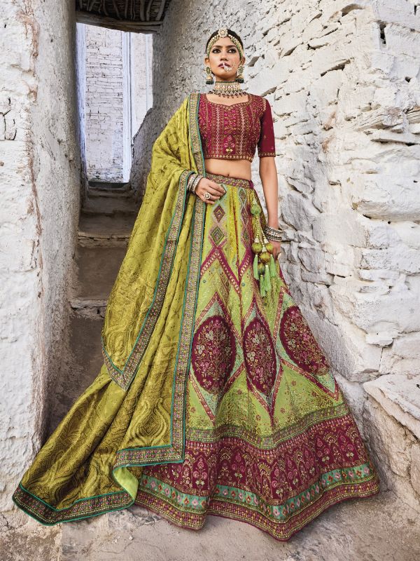 Green Traditional Stone Work Lehenga Choli In Silk