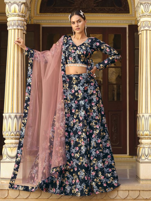 Black Floral Printed Festive Lehenga Choli In Silk