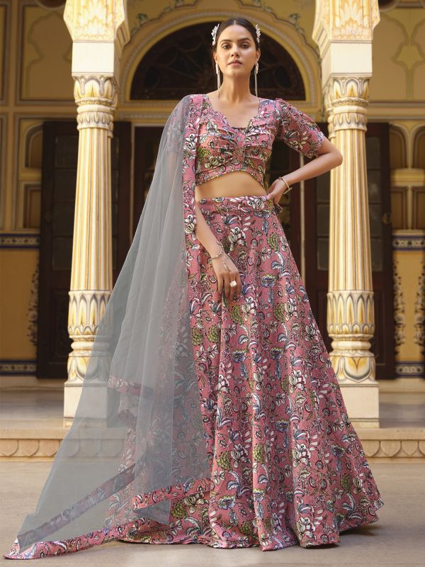 Mauve Pink Printed Festive Lehenga Choli In Silk