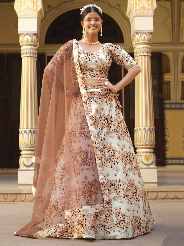 Cream Printed Silk Lehenga With Net Dupatta 