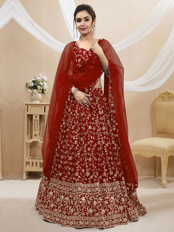 Cherry Red Heavy Embroidered Wedding Lehenga Choli