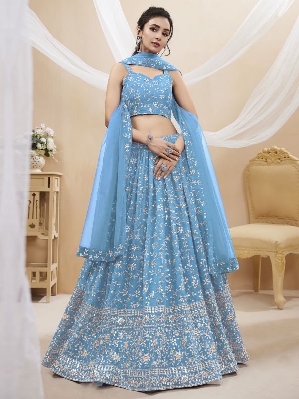 Sky Blue Zari Embroidered Lehanga In Georgette