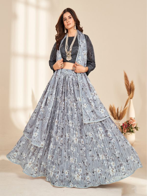 Light Grey Pleated Style Printed Lehenga Choli