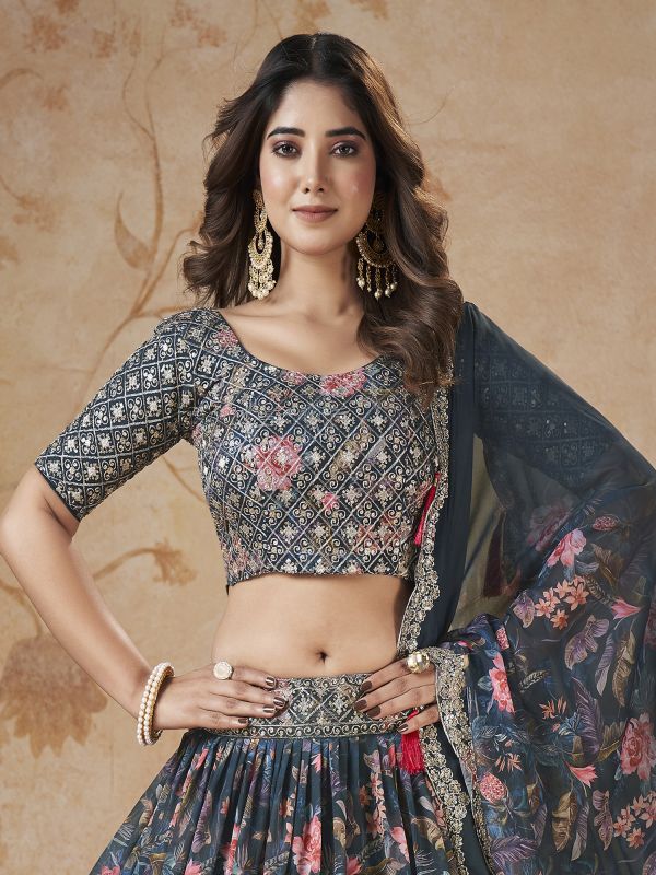Navy Blue Georgette Lehanga With Sequined Choli