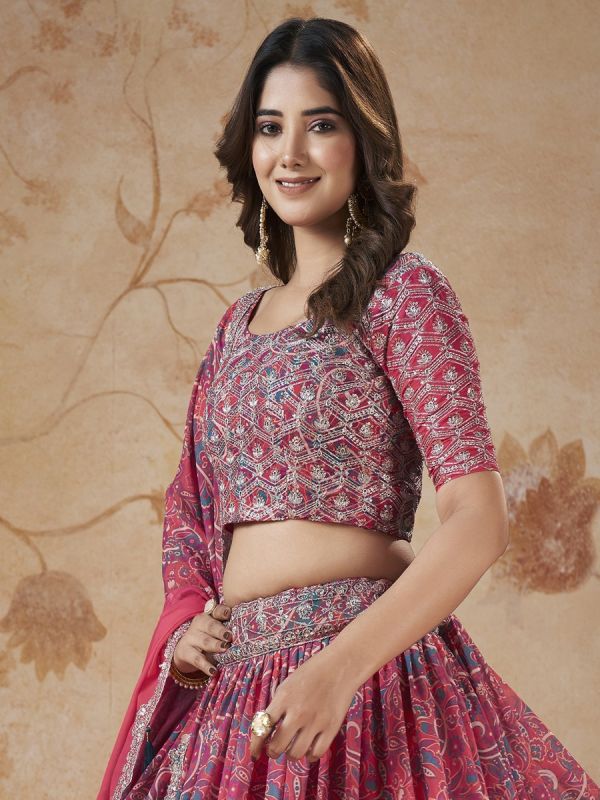Pink Sequin Embroidered Lehanga Choli In Georgette