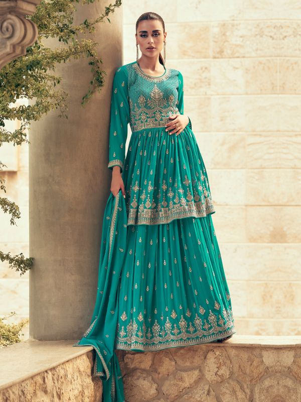 Turquoise Zari Work Embellished Indo Style Lehanga