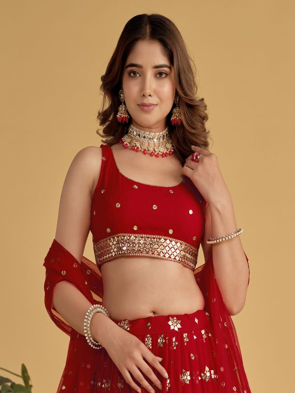 Bright Red Sequin Embroidered Lehanga Choli In Net