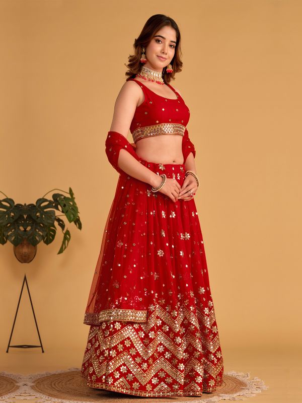 Bright Red Sequin Embroidered Lehanga Choli In Net