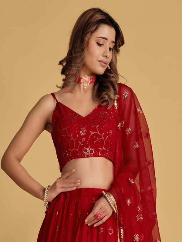 Cherry Red Sequined Lehenga Choli In Georgette