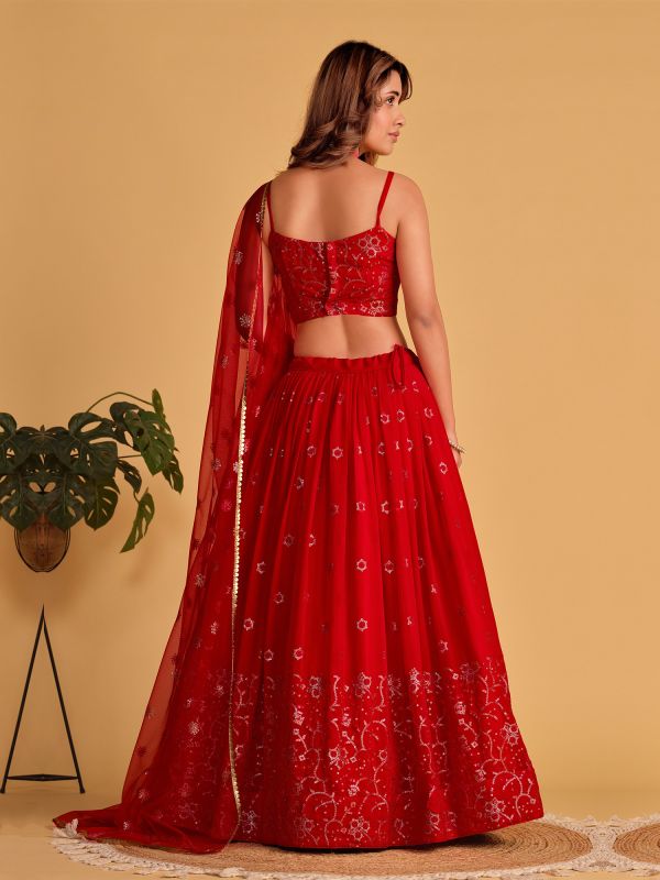 Cherry Red Sequined Lehenga Choli In Georgette