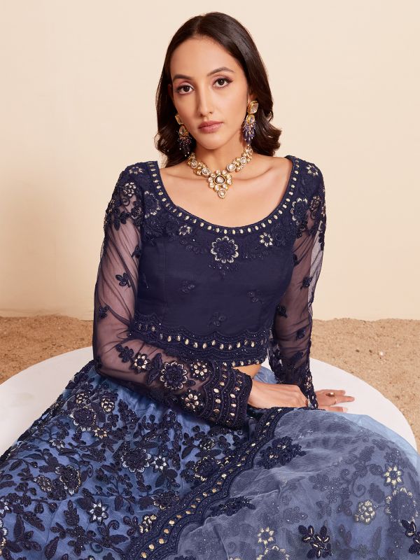 Navy Blue Net Lehenga Choli In Heavy Floral Embroidery