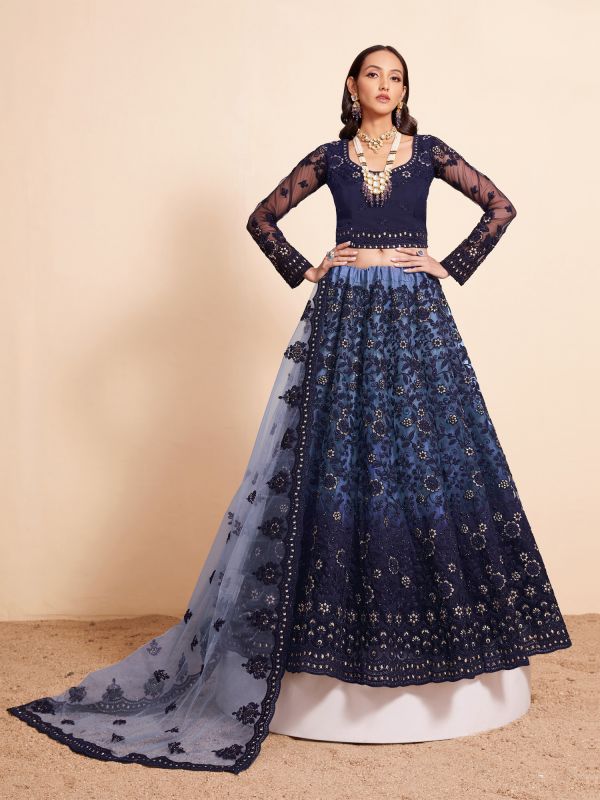 Navy Blue Net Lehenga Choli In Heavy Floral Embroidery