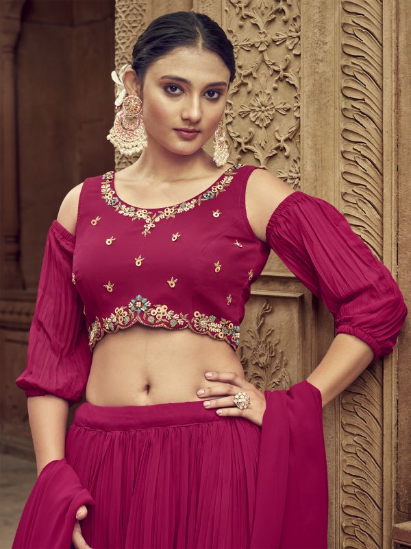 Rani Pink Puffy Sleeved Lehenga Choli In Georgette