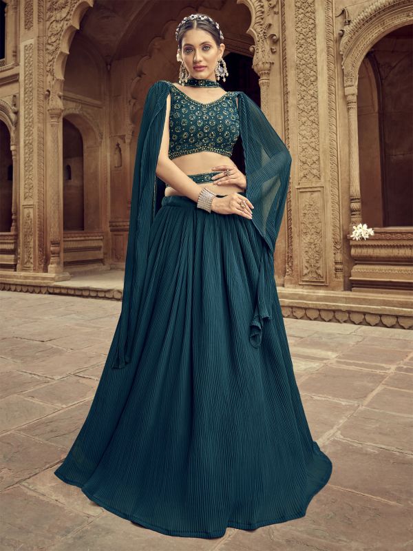 Blue Georgette Lehenga Choli With Unique Sleeves