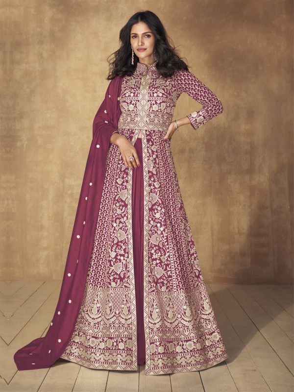 Dark Pink Indowestern Styled Lehenga Choli In Silk