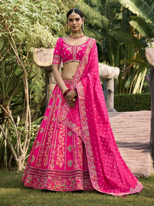 Pink Bridal Lehenga Choli In Embroidered Banarasi Silk