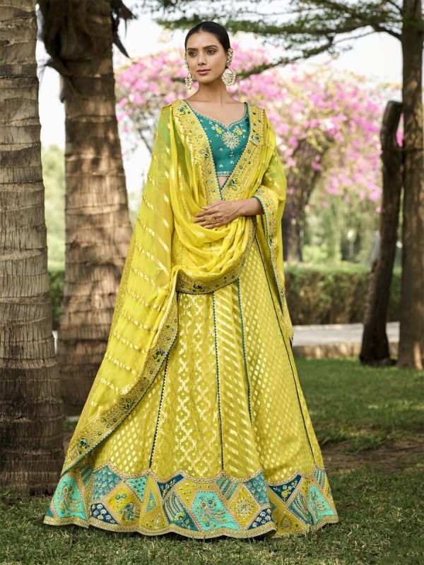 Lime Yellow Banarasi Silk Lehenga With Embroidered Choli