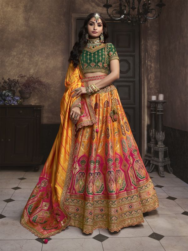 Yellow & Pink Banarasi Silk Lehenga Choli In Weaving