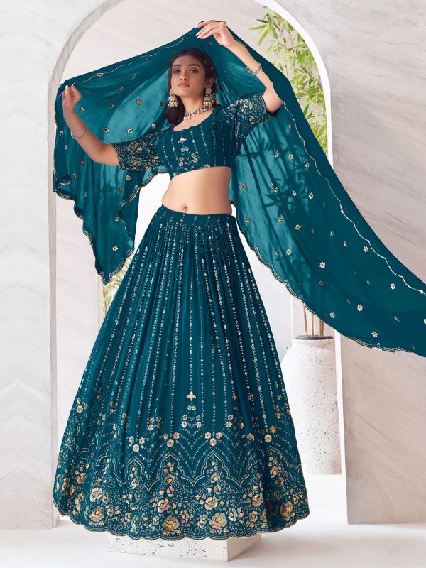 Teal Blue Floral Sequin Embroidered Lehenga Choli In Georgette