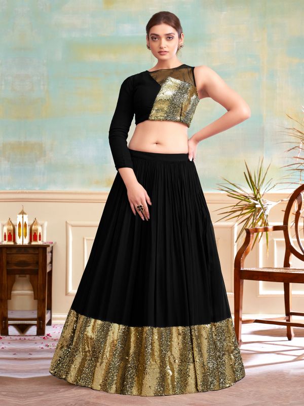 Black Indo Styled Lehenga With One Side Sleeved Blouse