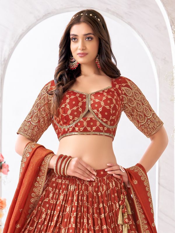 Dusty Red Silk Weaving Lehenga With Embroidered Blouse