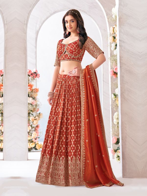 Dusty Red Silk Weaving Lehenga With Embroidered Blouse