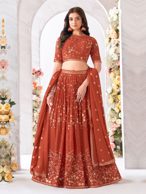 Red Floral Sequin Embroidered Lehenga Choli In Georgette