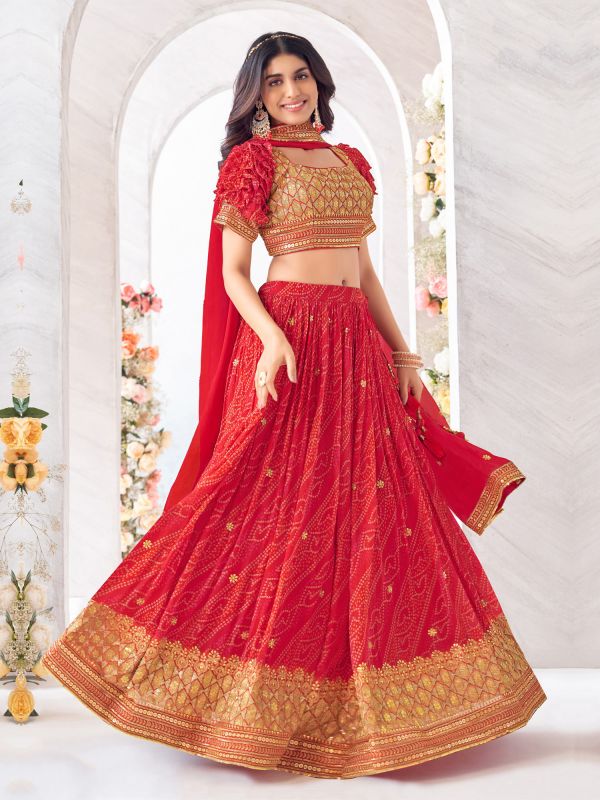 Red Bandhej Printed Georgette Lehenga With Embroidered Blouse