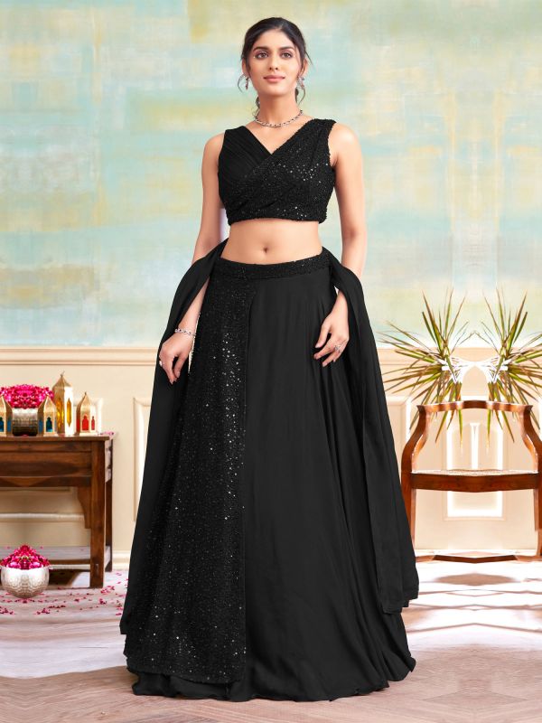 Black Cutdana Embellished Indo Style Georgette Lehenga Choli