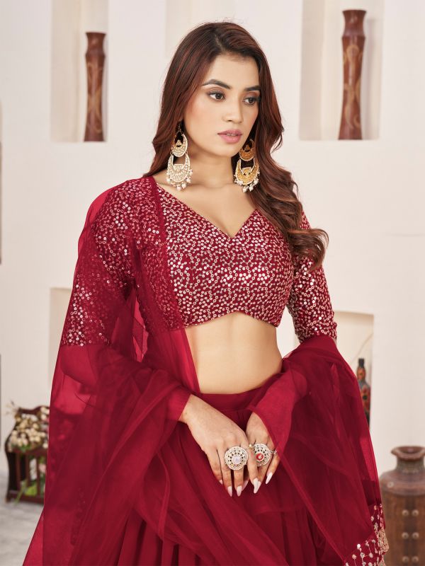 Maroon Sequined Double Layered Lehenga Choli In Georgette