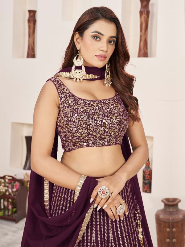 Wine Heavy Zari Embroidered Lehenga Choli In Georgette