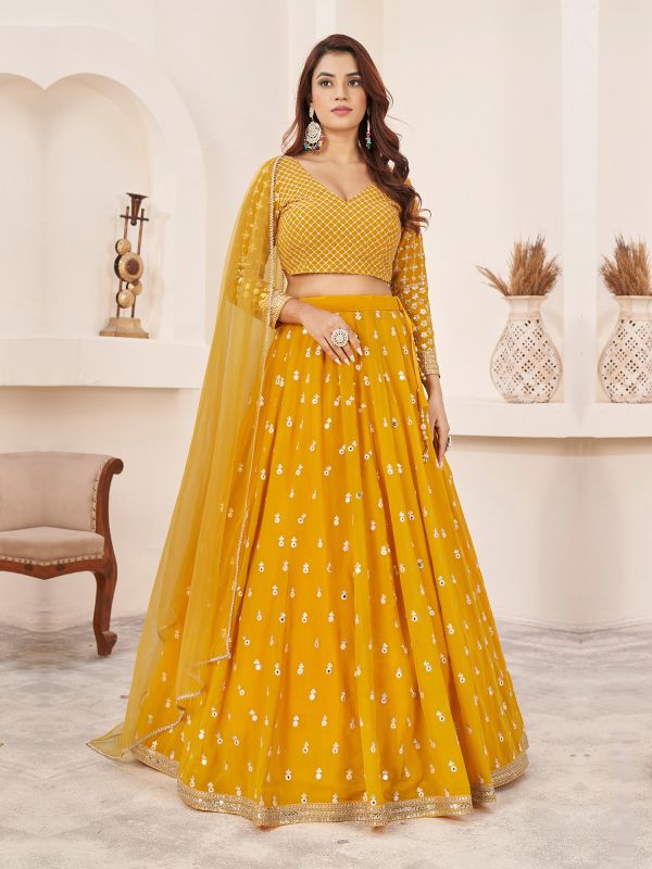 Mustard Yellow Mirror Embellished Lehenga Choli In Georgette