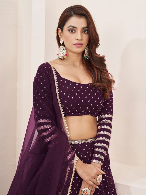 Wine Sequins Augmented Georegette Lehenga With Choli