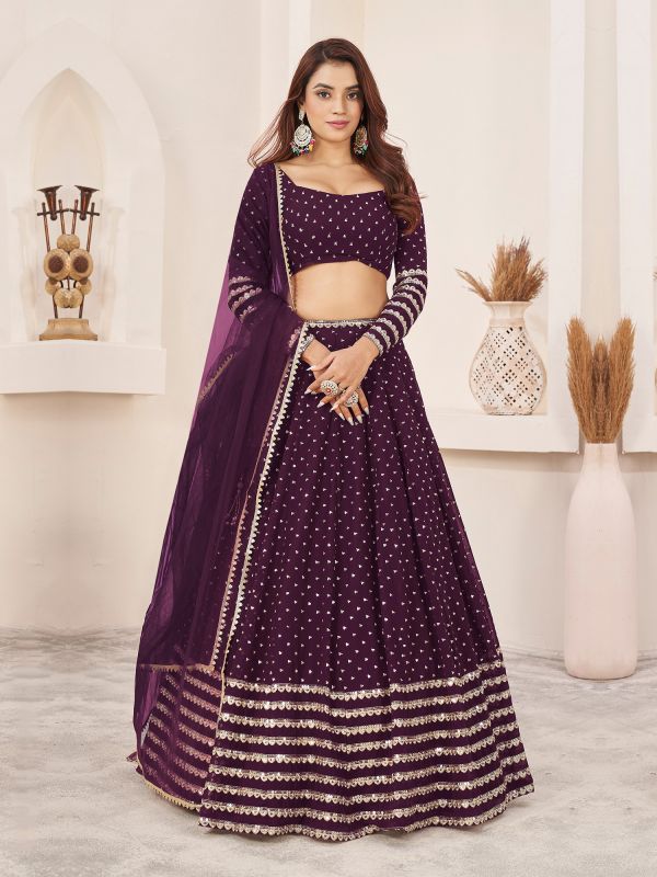 Wine Sequins Augmented Georegette Lehenga With Choli