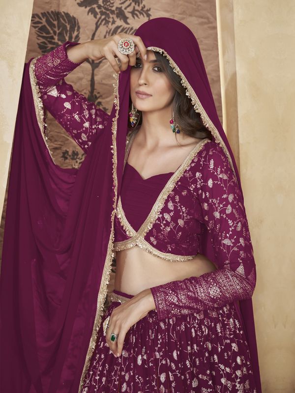 Wine Georgette Lehenga Choli In Foil Embellishment