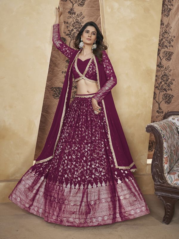 Wine Georgette Lehenga Choli In Foil Embellishment