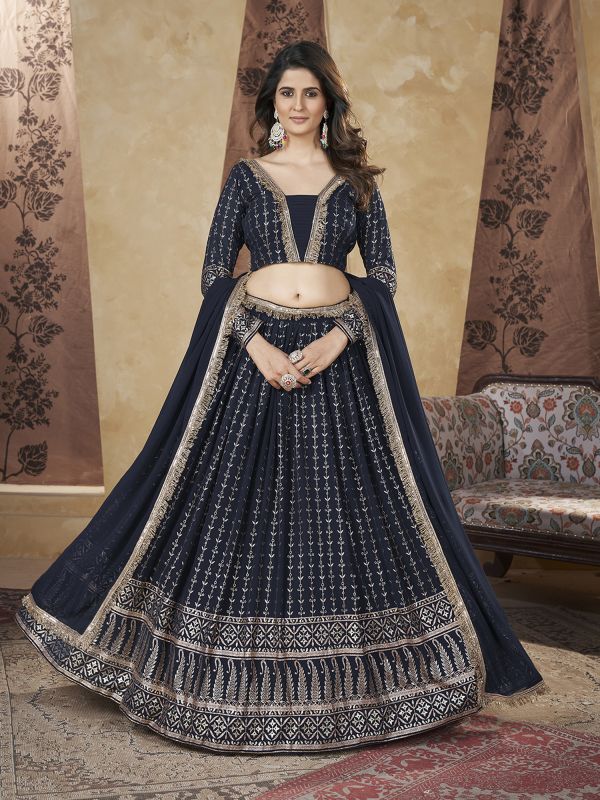 Deep Blue Foil Work Augmented Lehenga Choli In Georgettte