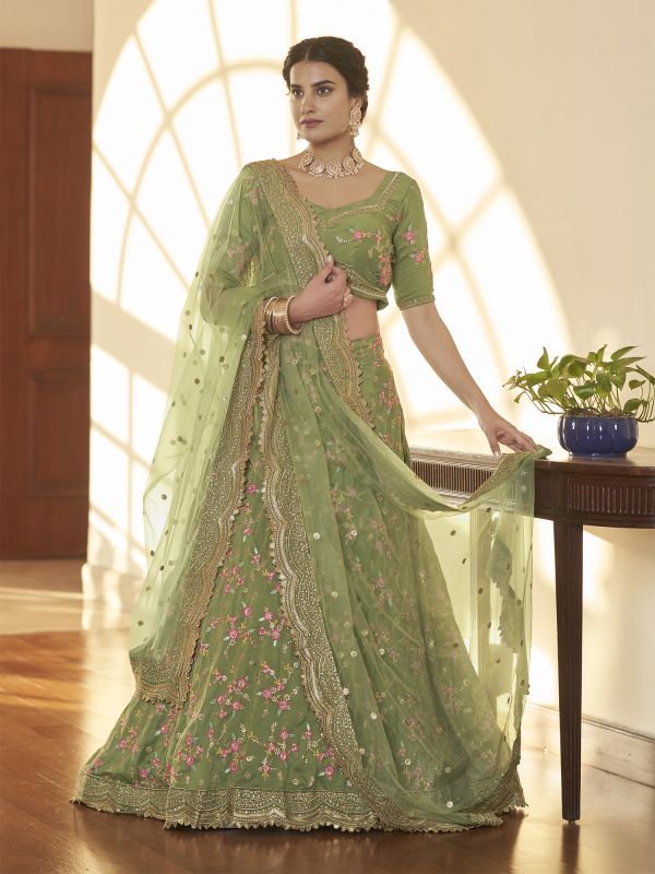 Green Sequins Embroidered Silk Lehenga Choli With Dupatta