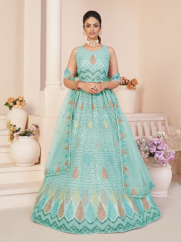 Turquoise Sequins Embellished Net Lehenga Choli