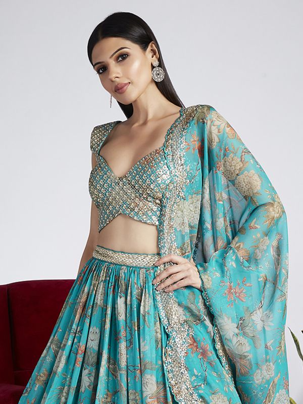 Sky Blue Organza Lehenga With Blouse In Floral Print
